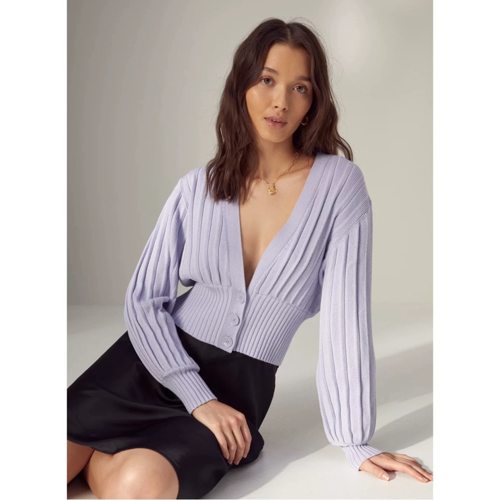 ARITZIA WILFRED NWT Pastel Violet Purple Ribbed Knit Plunge Cardigan Sweater XS